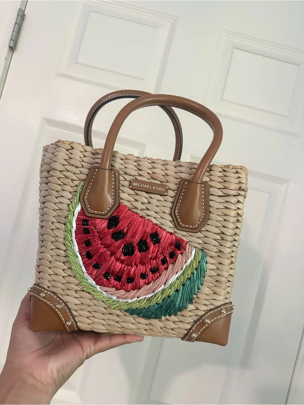 Michael Kors Straw Mini Tote with Watermelon Embroidery - Natural/Tan/Red/Green
